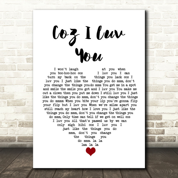 Slade Coz I Luv You White Heart Song Lyric Wall Art Print