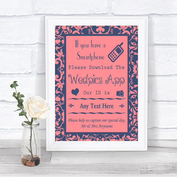 Coral Pink & Blue Wedpics App Photos Personalized Wedding Sign