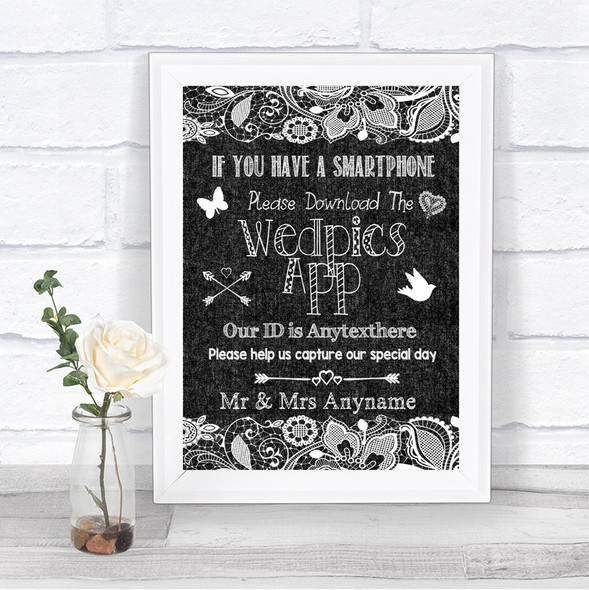 Dark Grey Burlap & Lace Wedpics App Photos Personalized Wedding Sign