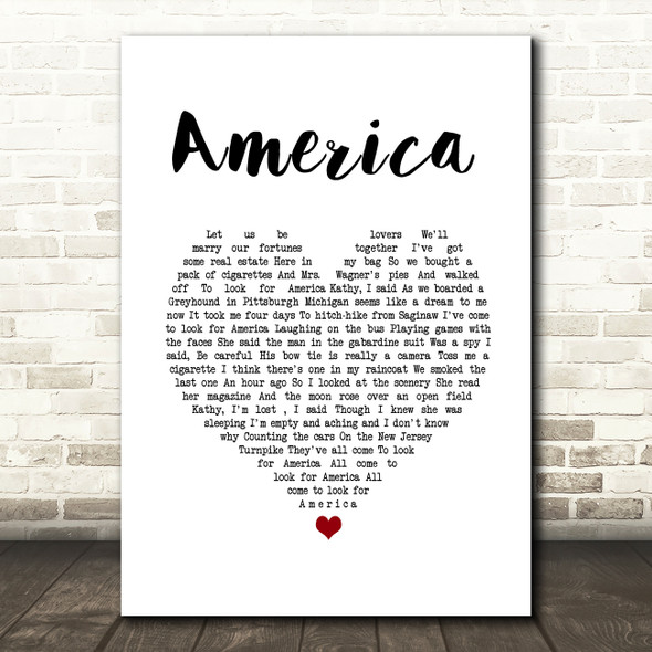 Simon & Garfunkel America White Heart Song Lyric Wall Art Print