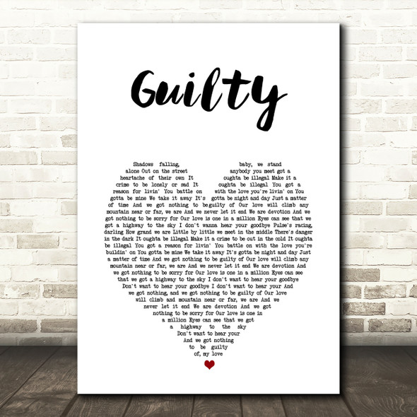 Barbra Streisand & Barry Gibb Guilty White Heart Song Lyric Wall Art Print