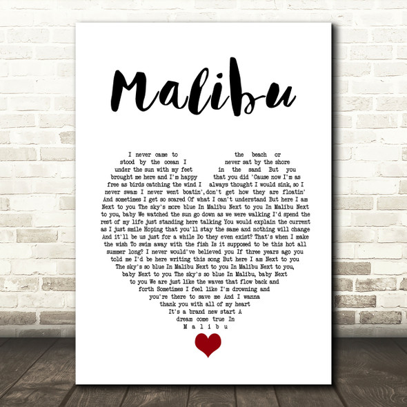 Miley Cyrus Malibu White Heart Song Lyric Wall Art Print