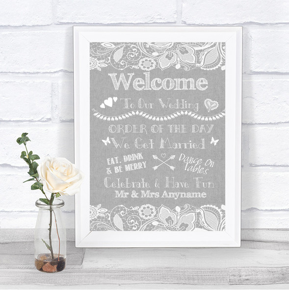 Grey Burlap & Lace Welcome Order Of The Day Personalized Wedding Sign