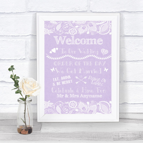 Lilac Burlap & Lace Welcome Order Of The Day Personalized Wedding Sign