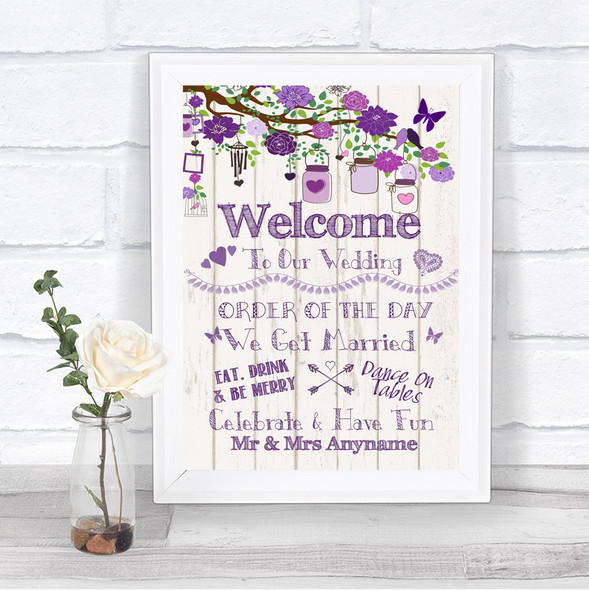 Purple Rustic Wood Welcome Order Of The Day Personalized Wedding Sign