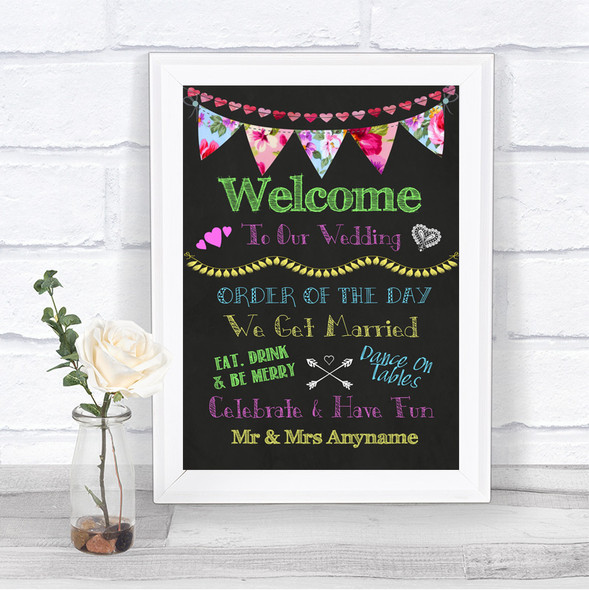 Bright Bunting Chalk Welcome Order Of The Day Personalized Wedding Sign