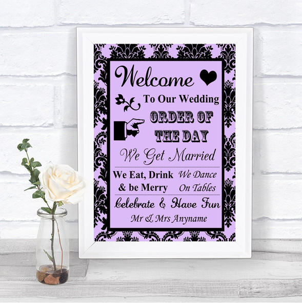 Lilac Damask Welcome Order Of The Day Personalized Wedding Sign