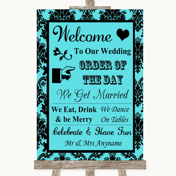 Tiffany Blue Damask Welcome Order Of The Day Personalized Wedding Sign
