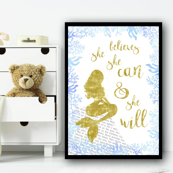 Sparkle Mermaid Blue Children's Nursery Bedroom Wall Art Print