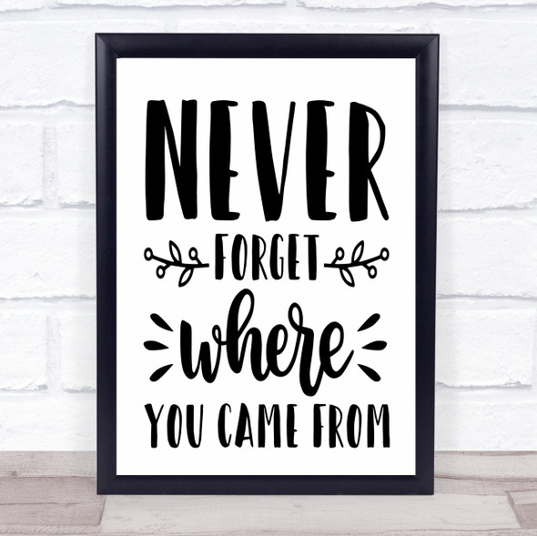 Never Forget Where You Came From Quote Typogrophy Wall Art Print