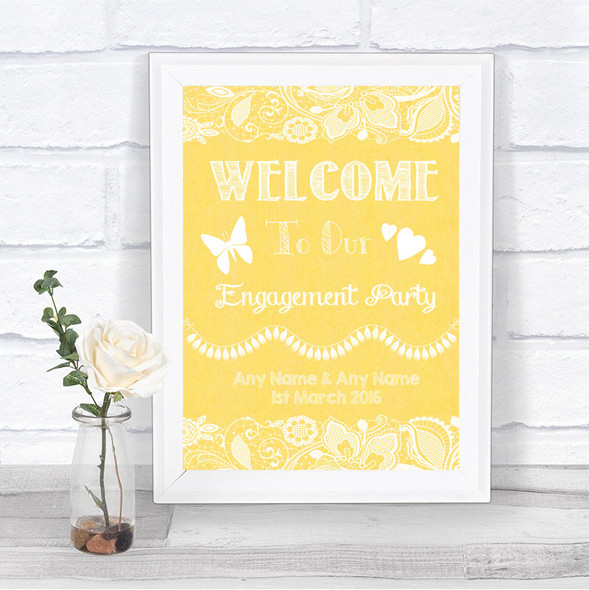 Yellow Burlap & Lace Welcome To Our Engagement Party Personalized Wedding Sign