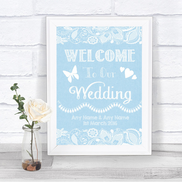 Blue Burlap & Lace Welcome To Our Wedding Personalized Wedding Sign