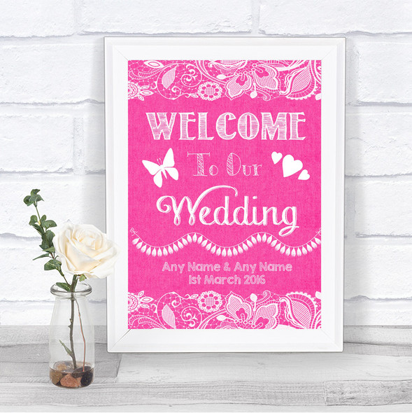 Bright Pink Burlap & Lace Welcome To Our Wedding Personalized Wedding Sign