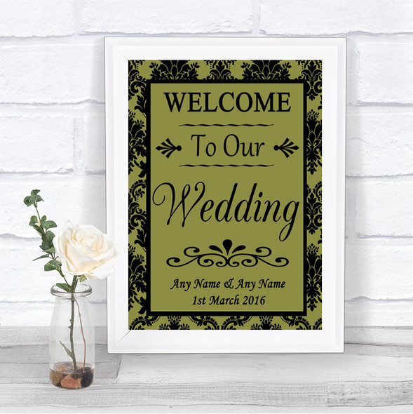 Olive Green Damask Welcome To Our Wedding Personalized Wedding Sign