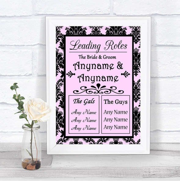 Baby Pink Damask Who's Who Leading Roles Personalized Wedding Sign