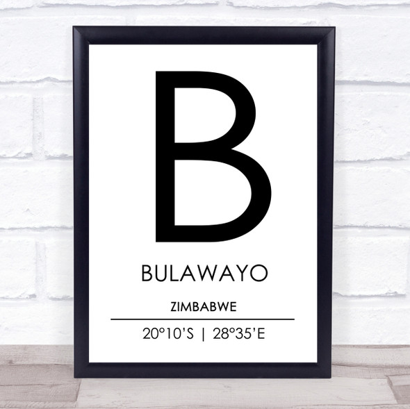 Bulawayo Zimbabwe Coordinates World City Travel Print