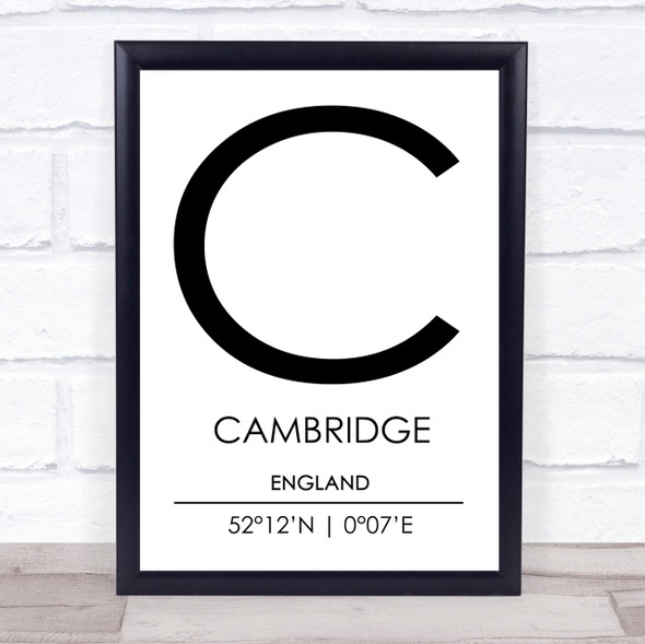 Cambridge England Coordinates World City Travel Print