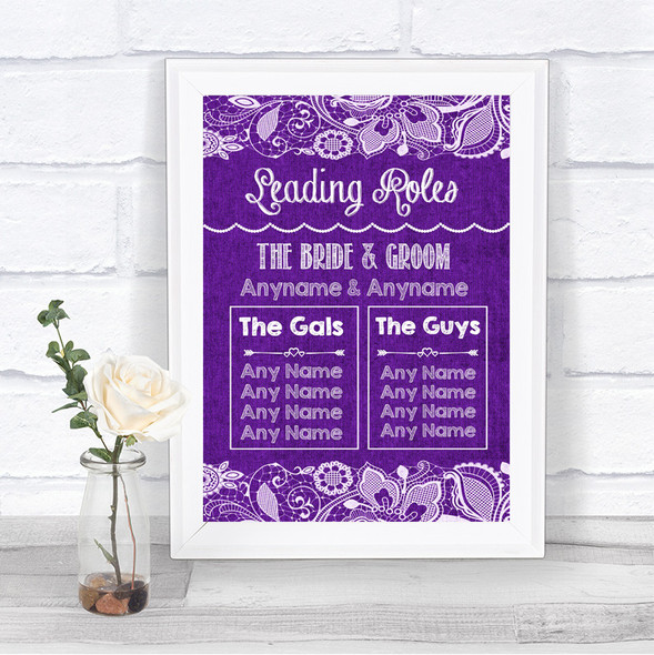 Purple Burlap & Lace Who's Who Leading Roles Personalized Wedding Sign