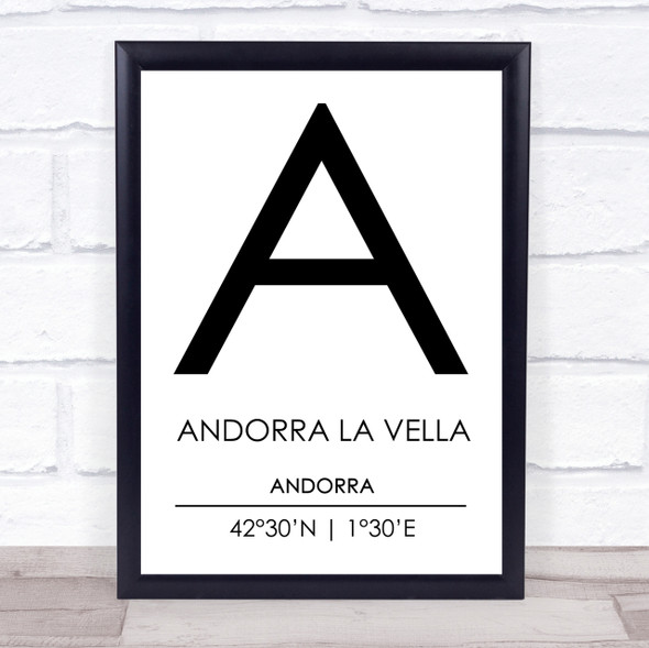 Andorra La Vella Andorra Coordinates Travel Print