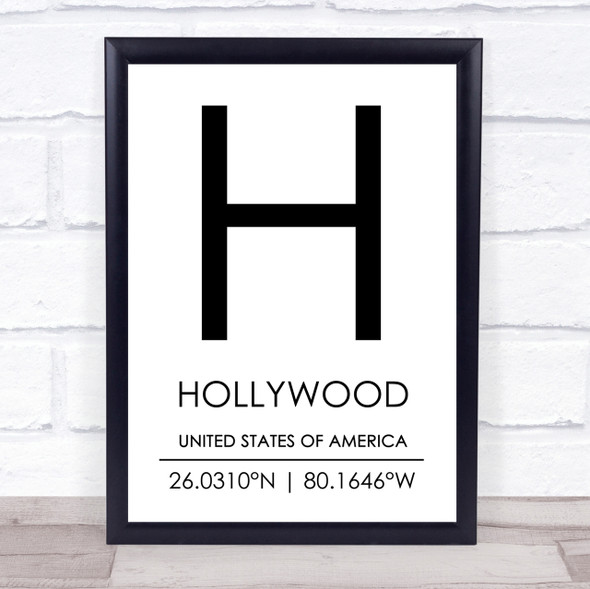 Hollywood United States Of America Coordinates Travel Quote Print