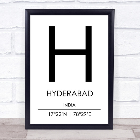 Hyderabad India Coordinates World City Travel Print
