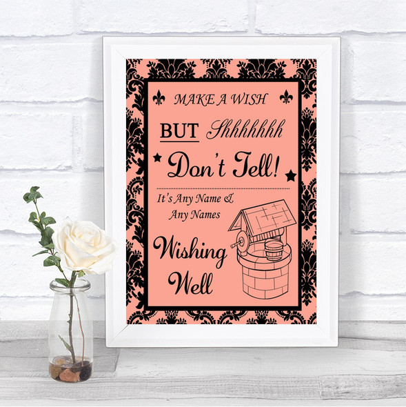 Coral Damask Wishing Well Message Personalized Wedding Sign