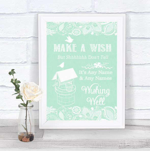 Green Burlap & Lace Wishing Well Message Personalized Wedding Sign