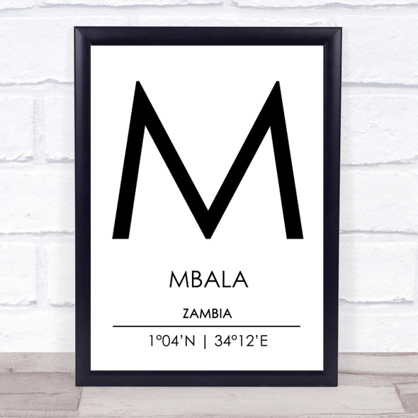 Mbala Zambia Coordinates World City Travel Print