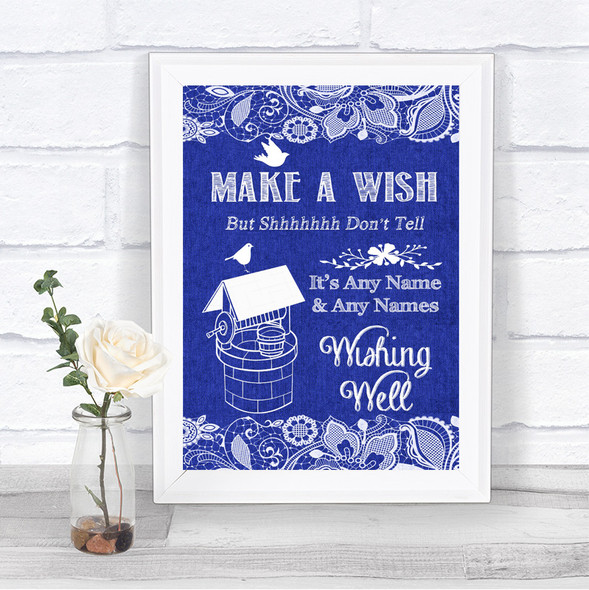 Navy Blue Burlap & Lace Wishing Well Message Personalized Wedding Sign