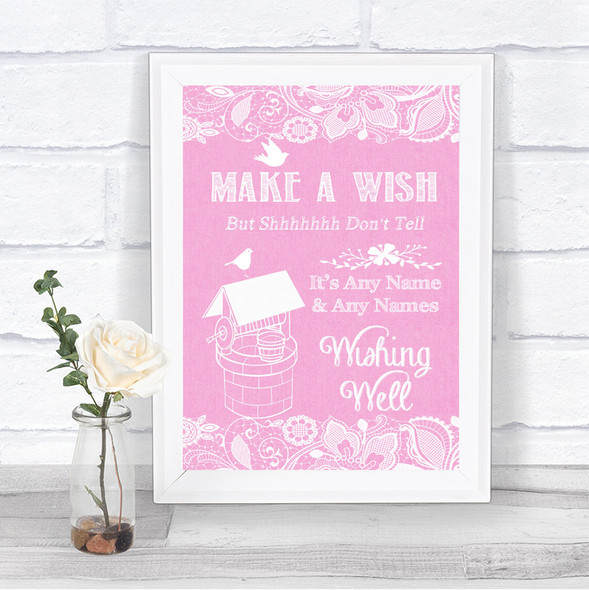 Pink Burlap & Lace Wishing Well Message Personalized Wedding Sign