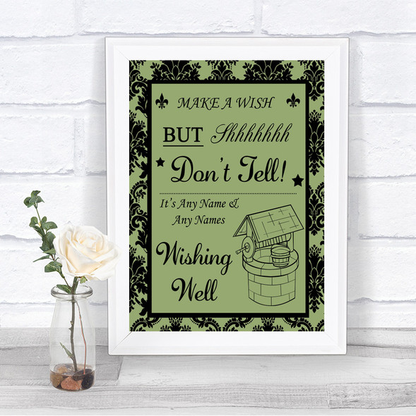 Sage Green Damask Wishing Well Message Personalized Wedding Sign