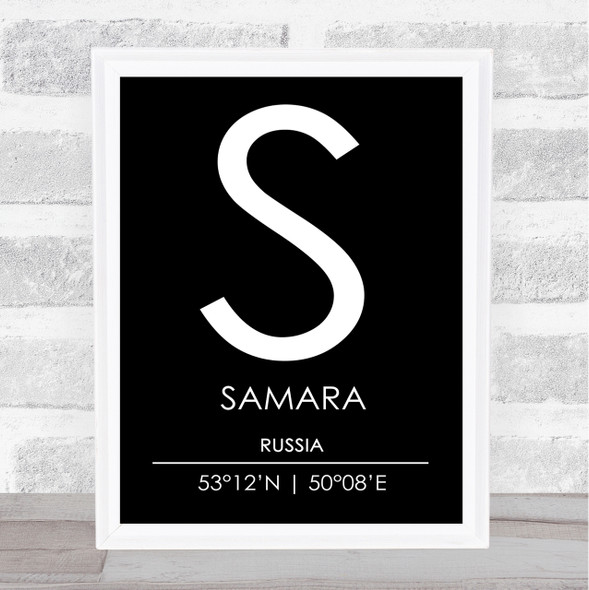 Samara Russia Coordinates Black & White World City Travel Print
