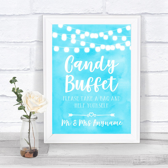 Aqua Sky Blue Watercolour Lights Candy Buffet Personalized Wedding Sign