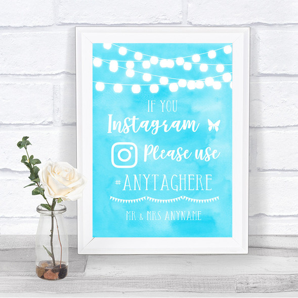 Aqua Sky Blue Watercolour Lights Instagram Hashtag Personalized Wedding Sign