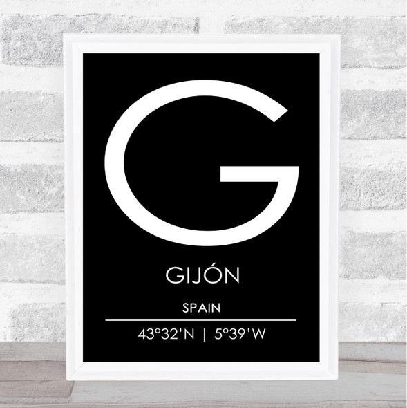 Gijon Spain Coordinates Black & White World City Travel Print