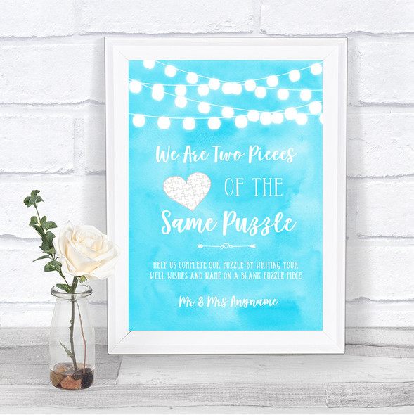 Aqua Sky Blue Watercolour Lights Puzzle Piece Guest Book Wedding Sign