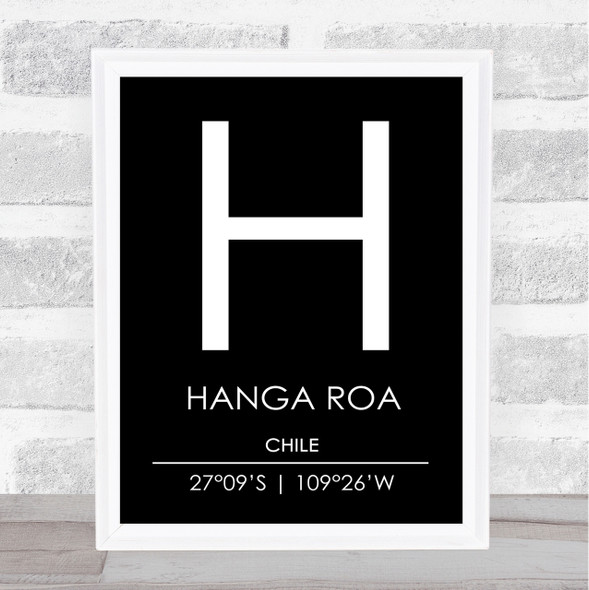 Hanga Roa Chile Coordinates Black & White World City Travel Print