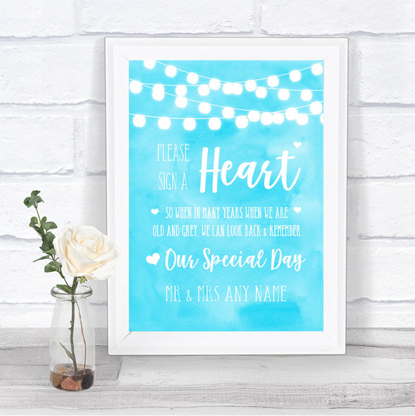 Aqua Sky Blue Watercolour Lights Sign a Heart Personalized Wedding Sign