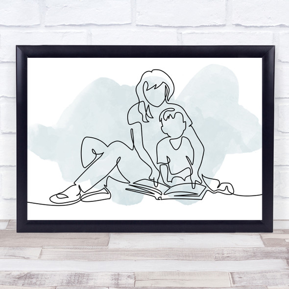 Watercolor Line Art Mother And Son Reading Decorative Wall Art Print