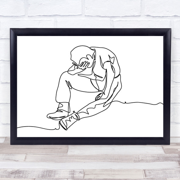 Black & White Line Art Sad Depressed Man Decorative Wall Art Print