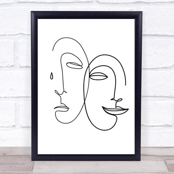 Black & White Line Art Happy Sad Faces Decorative Wall Art Print