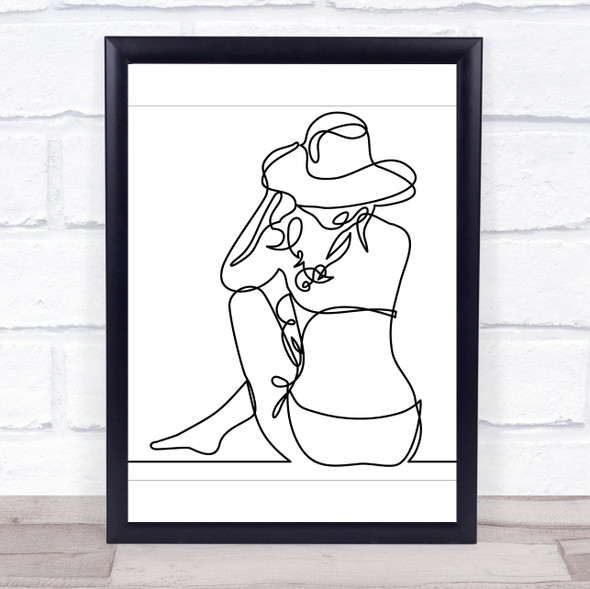 Black & White Line Art Lady Hat Beach Decorative Wall Art Print