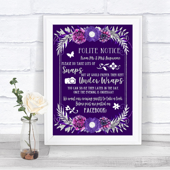 Purple & Silver Don't Post Photos Facebook Personalized Wedding Sign