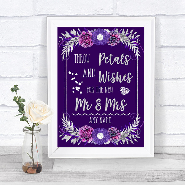 Purple & Silver Petals Wishes Confetti Personalized Wedding Sign