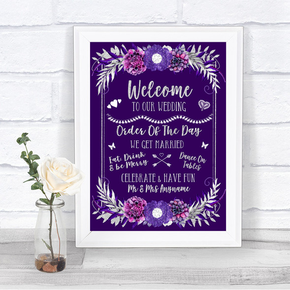 Purple & Silver Welcome Order Of The Day Personalized Wedding Sign