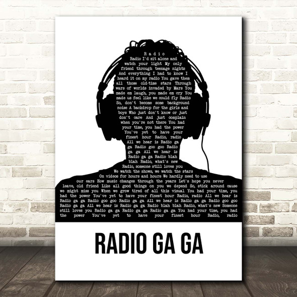 Queen Radio Ga Ga Black & White Man Headphones Song Lyric Print