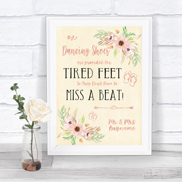 Blush Peach Floral Dancing Shoes Flip-Flop Tired Feet Personalized Wedding Sign