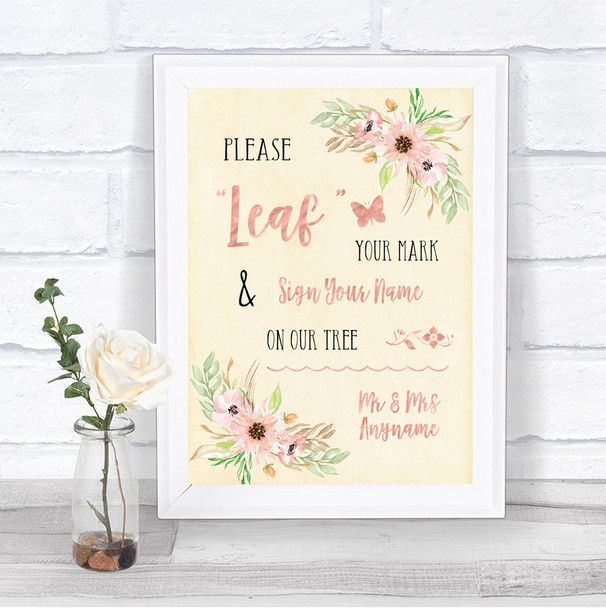 Blush Peach Floral Fingerprint Tree Instructions Personalized Wedding Sign