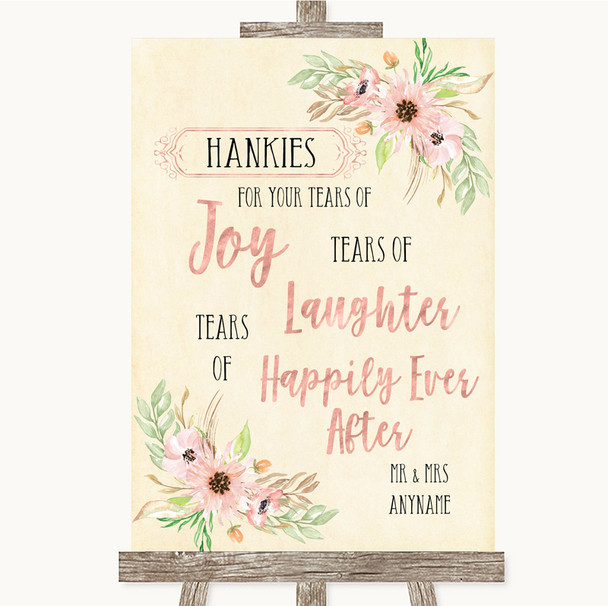 Blush Peach Floral Hankies And Tissues Personalized Wedding Sign