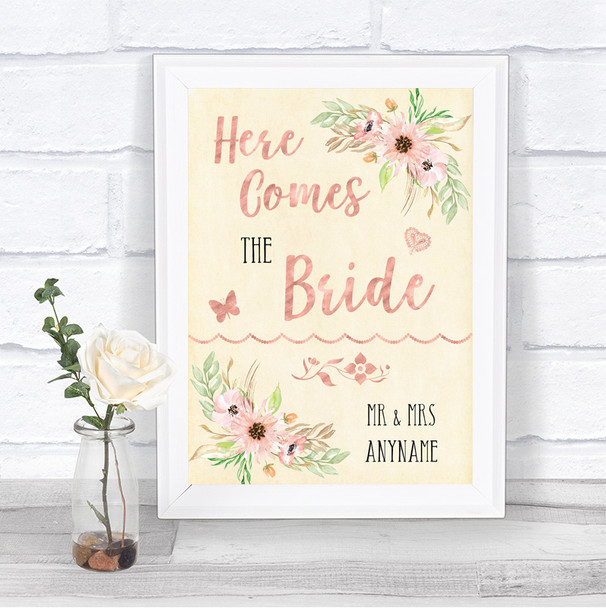 Blush Peach Floral Here Comes Bride Aisle Personalized Wedding Sign